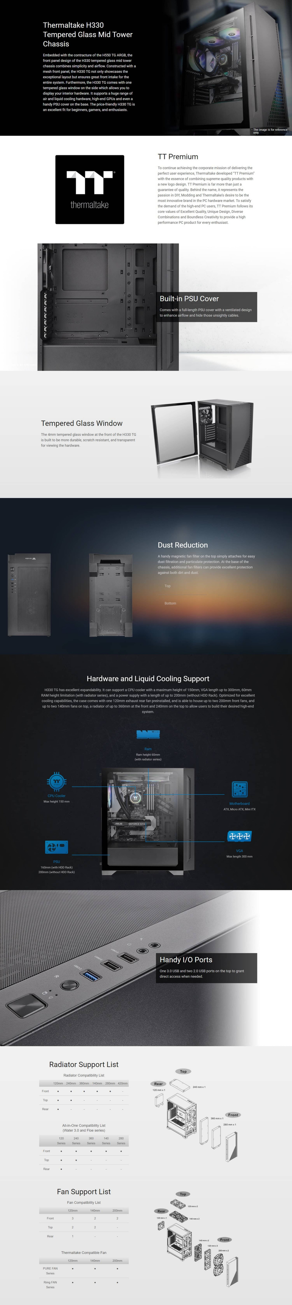 thermaltake atx h330 tempered glass rgb mid-tower case pn ca-1r8-00m1wn-00